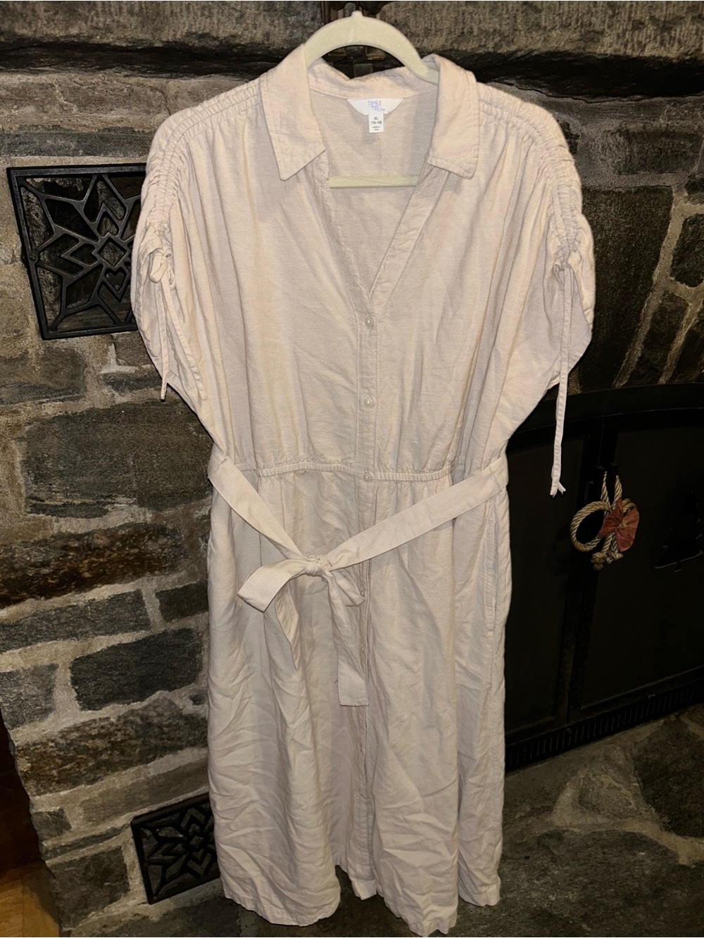 Beige Button-Front Utility Dress with Tie Waist
